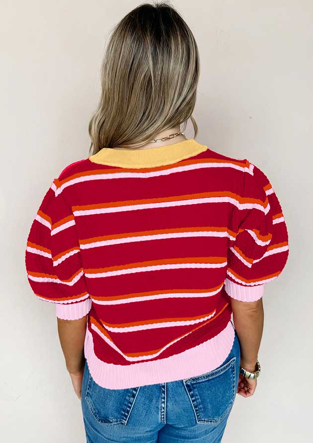 Columbia Stripe Colourblock Trim Puff Sleeve Red Top - Image 3