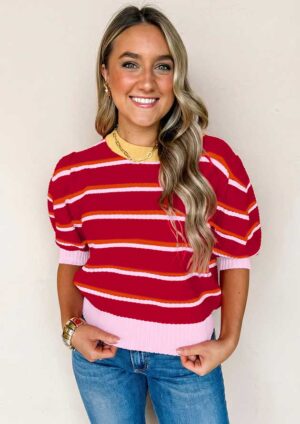 Columbia Stripe Colourblock Trim Puff Sleeve Red Top