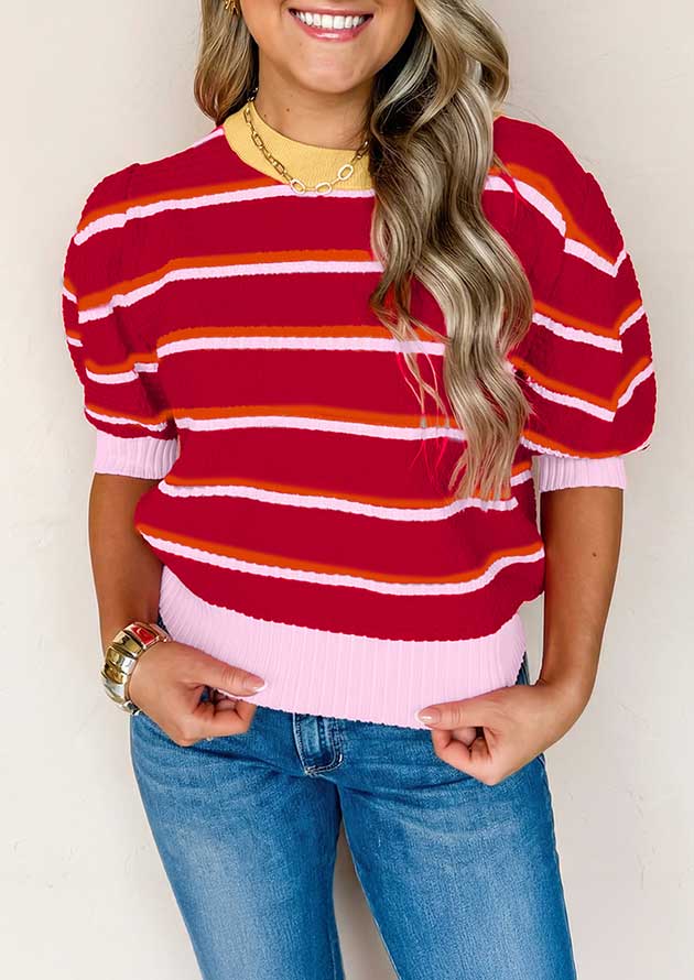 Columbia Stripe Colourblock Trim Puff Sleeve Red Top - Image 2