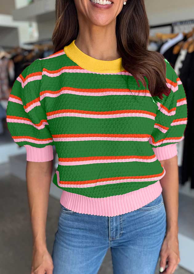 Columbia Stripe Colourblock Trim Puff Sleeve Green Top