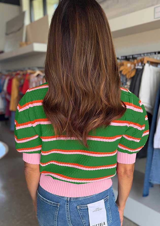Columbia Stripe Colourblock Trim Puff Sleeve Green Top - Image 2