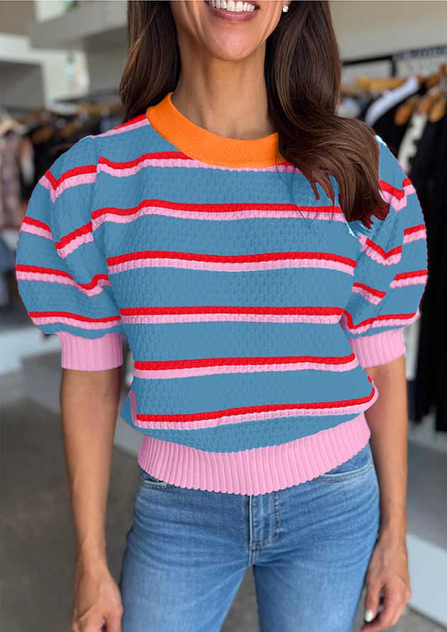 Columbia Stripe Colourblock Trim Puff Sleeve Blue Top