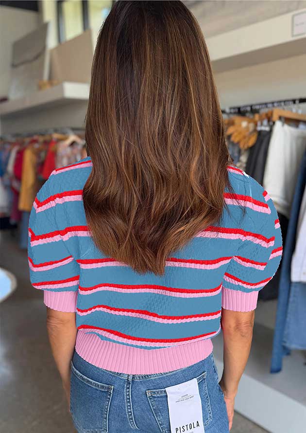 Columbia Stripe Colourblock Trim Puff Sleeve Blue Top - Image 2