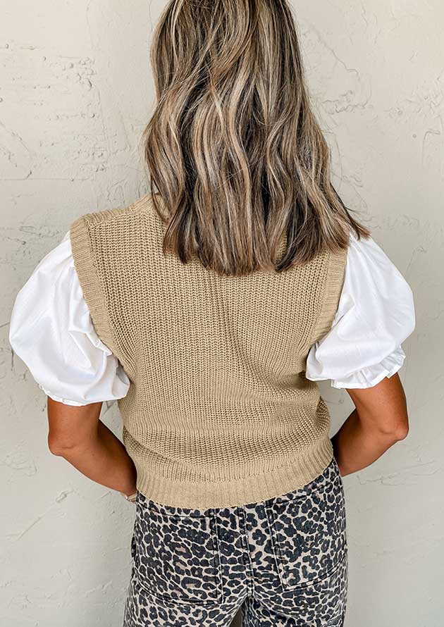 Dashwood Round Neck Knit Contrast Sleeve Beige Top - Image 3