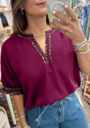 Etosha Contrast Leopard Trim V Neck Purple Blouse