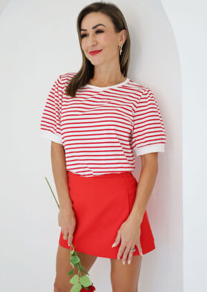 Funfair Stripe Contrast Trim Round Puff Sleeve Red Blouse