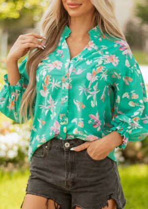 Garden Floral Lantern Sleeve Button Front Green Blouse