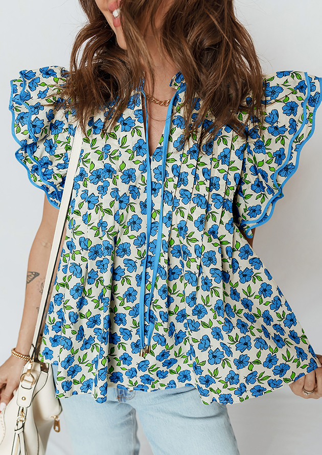 Hennep Flower Tiered Flutter Sleeve Pleated Blue Blouse - Image 3