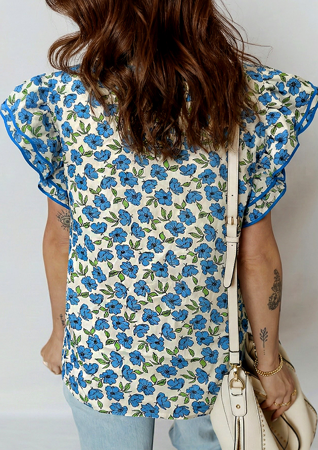 Hennep Flower Tiered Flutter Sleeve Pleated Blue Blouse - Image 2