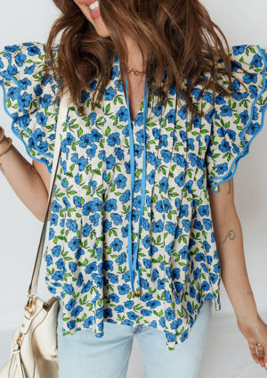 Hennep Flower Tiered Flutter Sleeve Pleated Blue Blouse