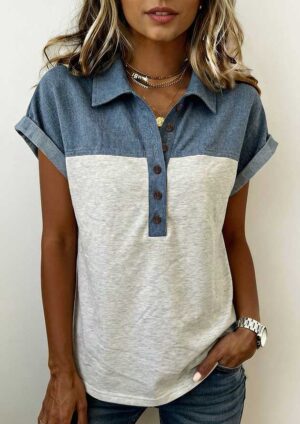 Heyford Denim Patchwork Button Collar Grey Top