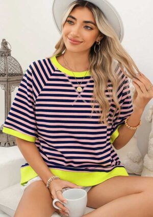 Jupiter Stripe Contrast Ribbed Oversize Blue T-Shirt