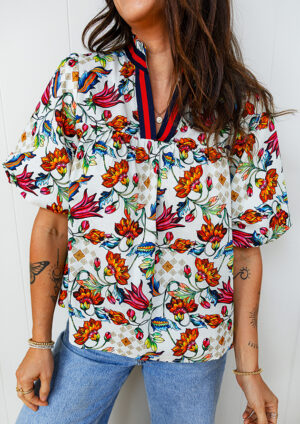 Karee Floral Contrast V Neckline Puff Sleeve Blouse