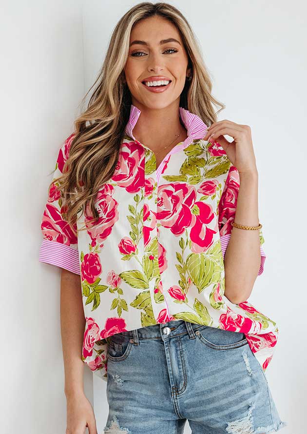 Libera Flower Striped Trim Frilled Collar Pink Blouse