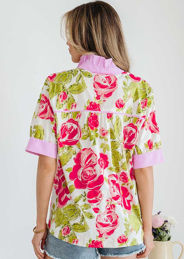 Libera Flower Striped Trim Frilled Collar Pink Blouse - Image 2