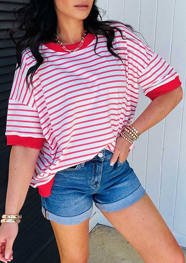 Madora Stripe Drop Shoulder Red T-Shirt - Image 3