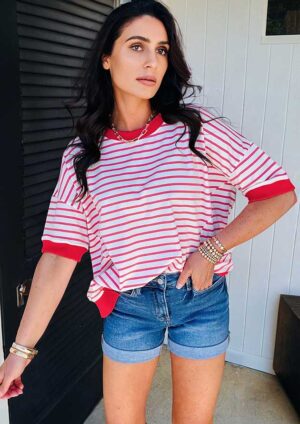 Madora Stripe Drop Shoulder Red T-Shirt