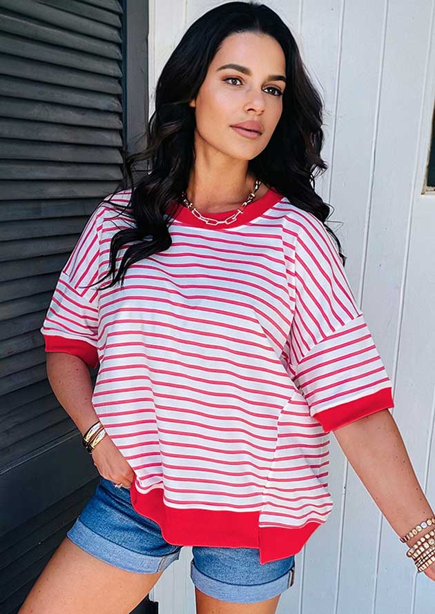 Madora Stripe Drop Shoulder Red T-Shirt - Image 2