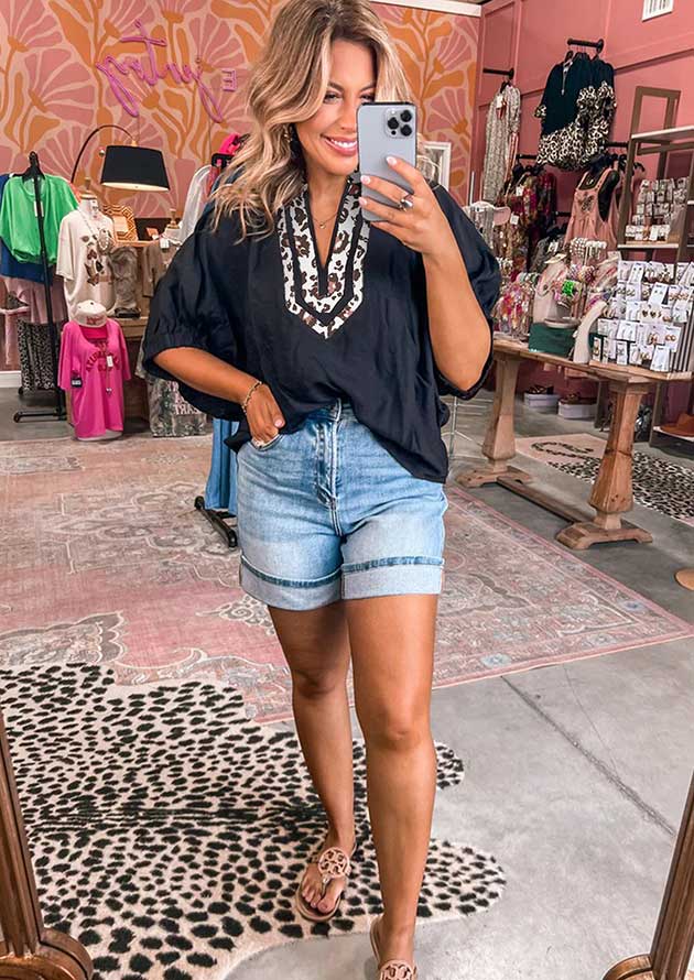 Maison Dolman Half Sleeve Leopard Trim Black Blouse - Image 2
