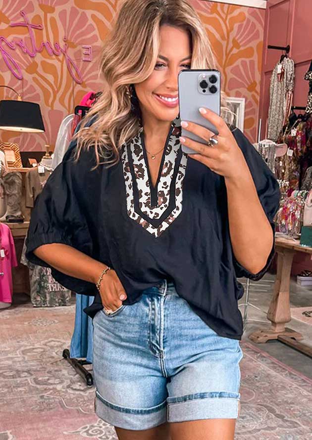 Maison Dolman Half Sleeve Leopard Trim Black Blouse