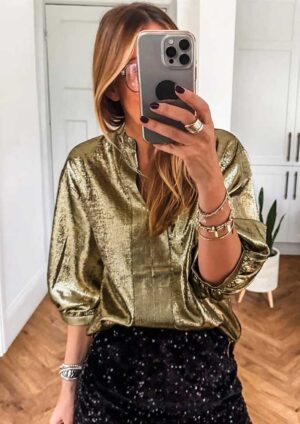 Majestic Metallic Split Neck Half Sleeve Gold Blouse