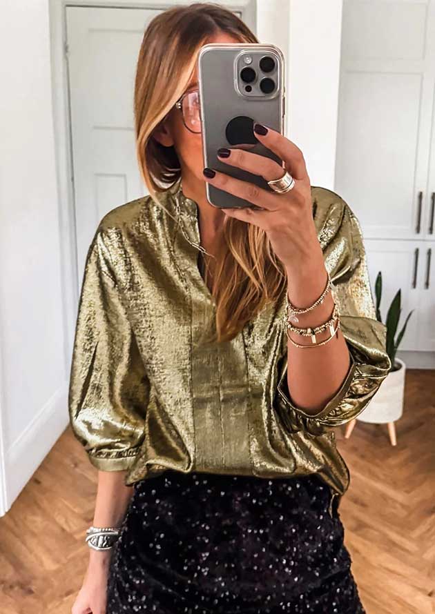 Majestic Metallic Split Neck Half Sleeve Gold Blouse