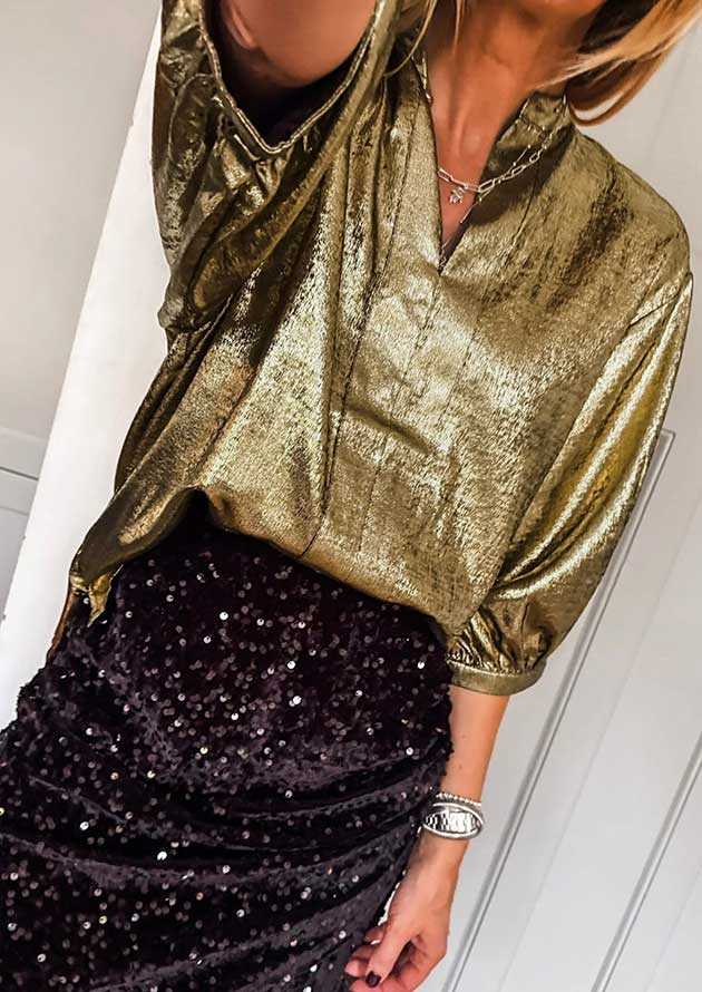 Majestic Metallic Split Neck Half Sleeve Gold Blouse - Image 2