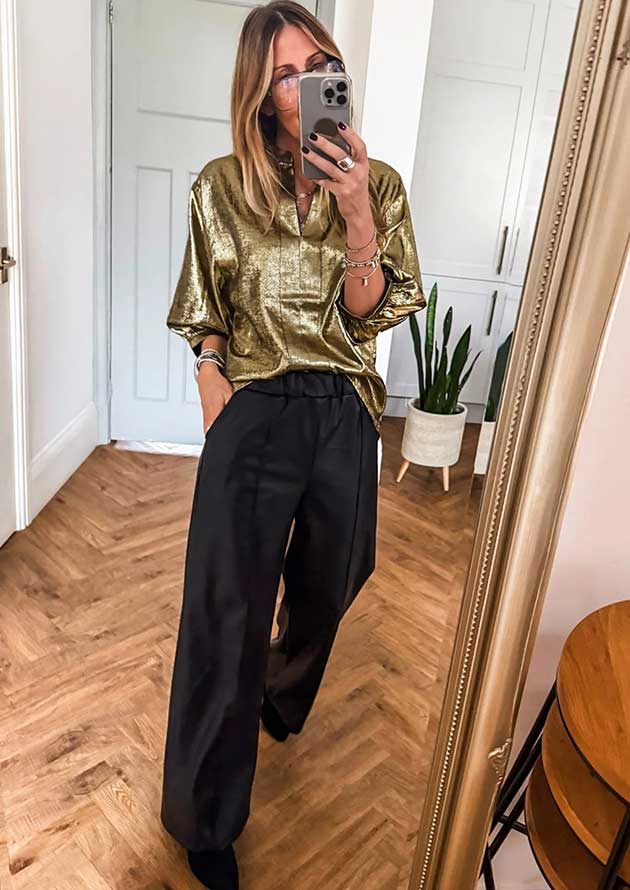 Majestic Metallic Split Neck Half Sleeve Gold Blouse - Image 3