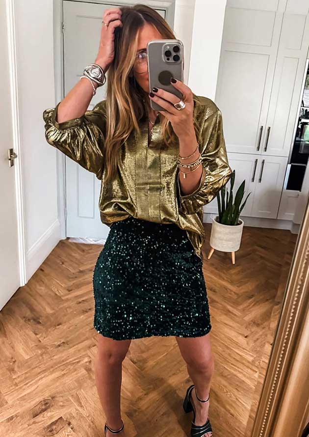Majestic Metallic Split Neck Half Sleeve Gold Blouse - Image 4