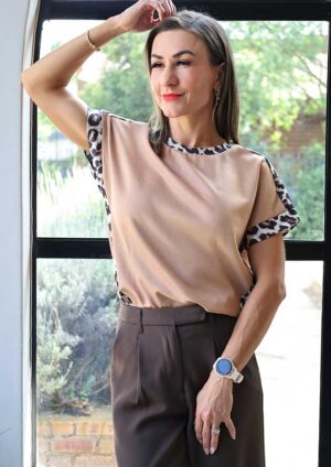 Marjolein Leopard Trim Round Neck Beige Top