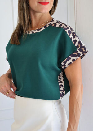 Marjolein Leopard Trim Round Neck Green Top