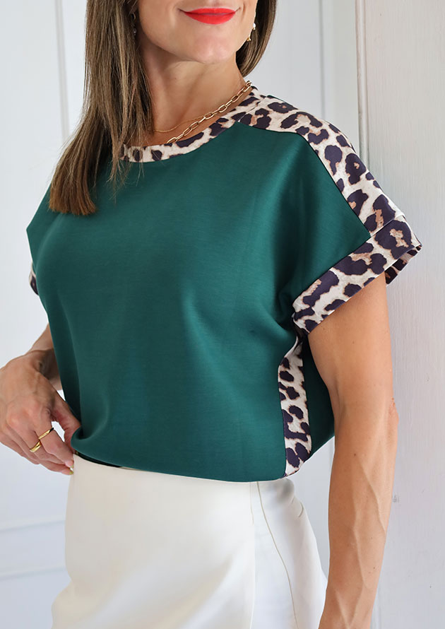 Marjolein Leopard Trim Round Neck Green Top