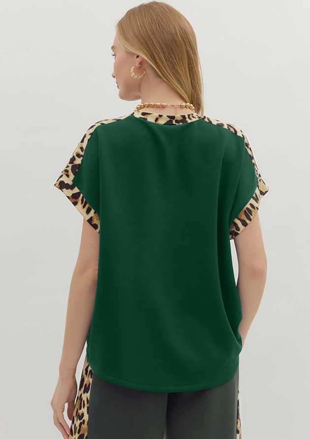 Marjolein Leopard Trim Round Neck Green Top - Image 4