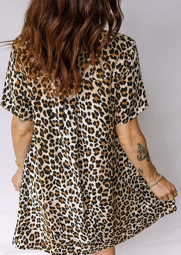 Maroela Half Buttons Short Sleeve Leopard Short Dress - Image 3