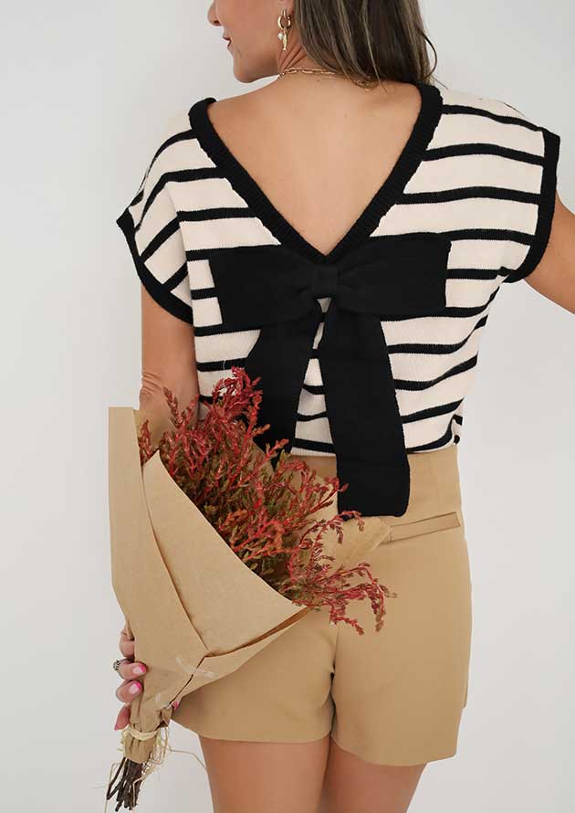 Murillo Stripe Bow Applique Black Top