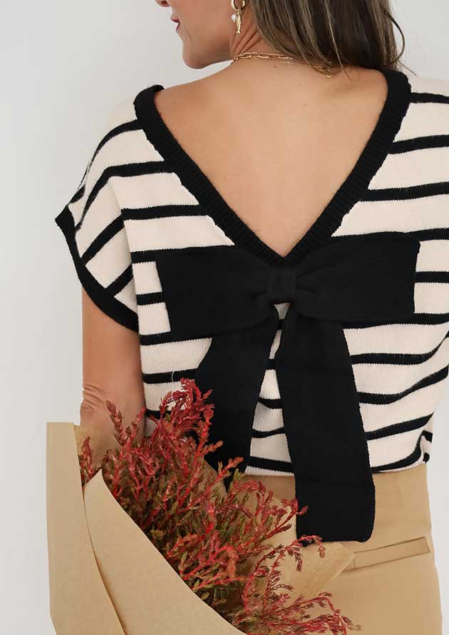 Murillo Stripe Bow Applique Black Top - Image 3