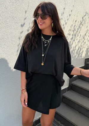 Nanda Oversize Tee and Tie Wrap Skirt Black Co-Ord