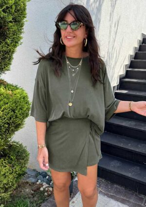 Nanda Oversize Tee and Tie Wrap Skirt Green Co-Ord