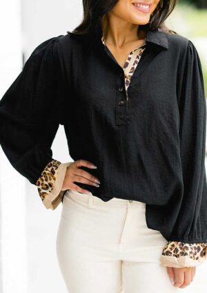 Norra Leopard Contrast Polo Collar Long Sleeve Black Blouse