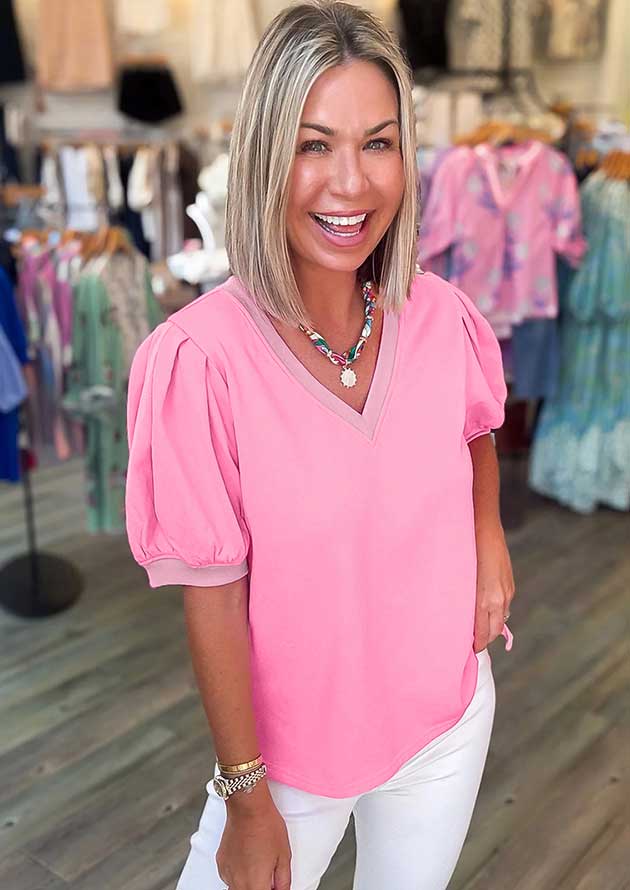 Pandora V Neck Short Puff Sleeve Pink Blouse - Image 3