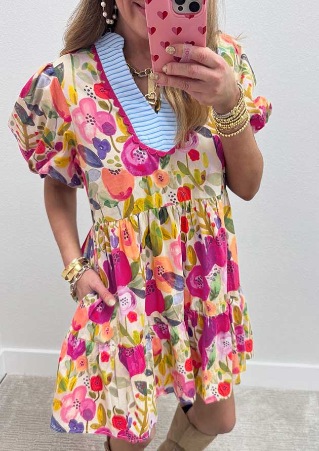 Prieska Floral Ricrac Trim V Neck Rose Short Dress - Image 3