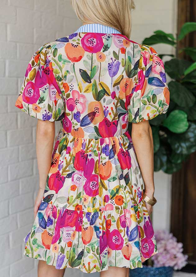 Prieska Floral Ricrac Trim V Neck Rose Short Dress - Image 2
