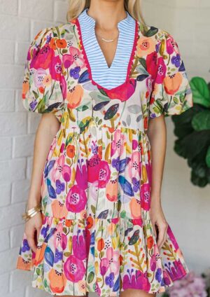 Prieska Floral Ricrac Trim V Neck Rose Short Dress