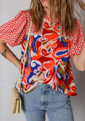 Reggae Paisley Geometric Puff Sleeve Red Blouse