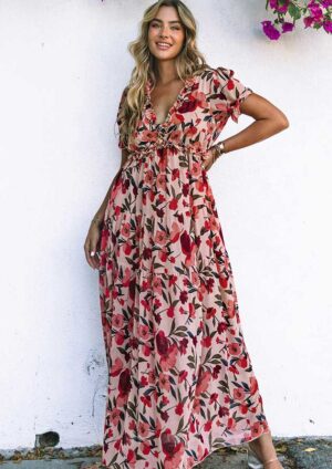 Robinet Floral Frilled V Neck Red Maxi Dress