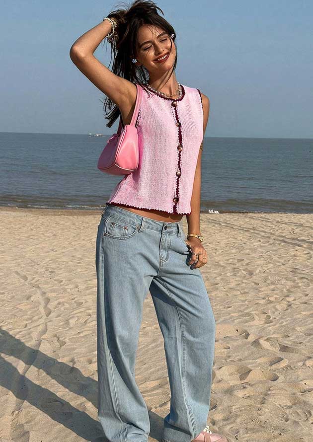 Rooibos Contrast Trim Buttoned Front Pink Vest - Image 4