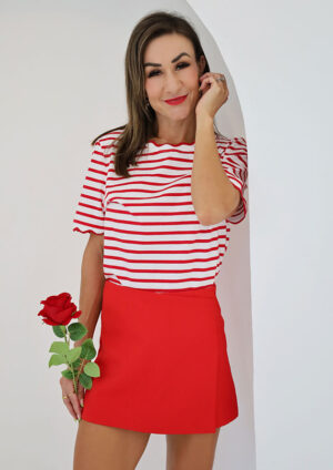 Samba Stipe Scalloped Trim Round Neck Red T-Shirt