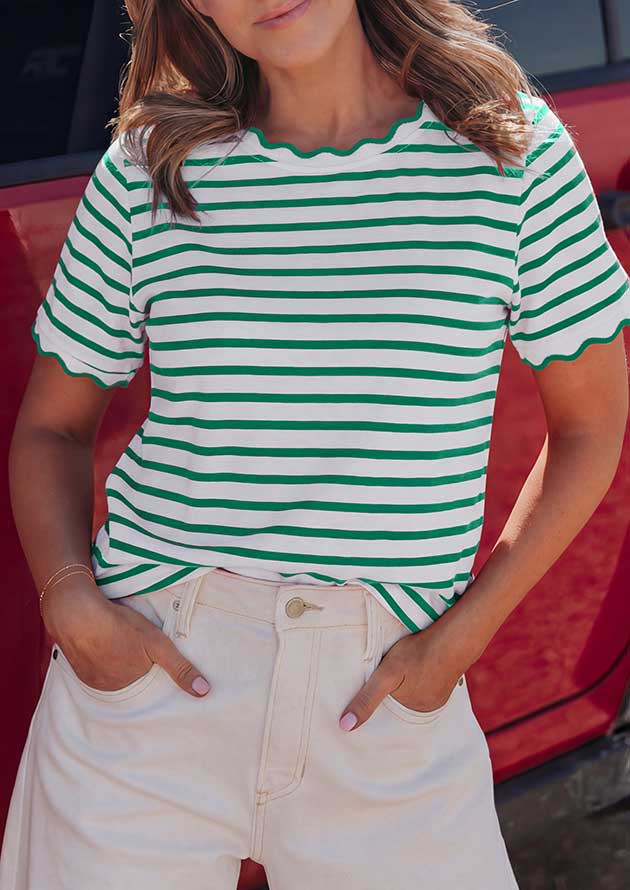 Samba Stripe Scalloped Trim Round Neck White Green T-Shirt - Image 3