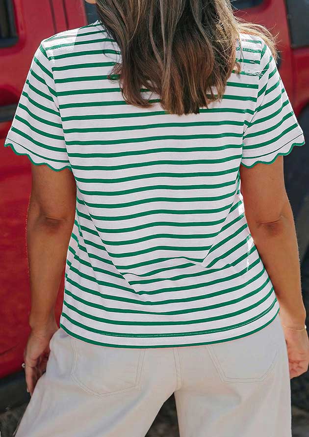 Samba Stripe Scalloped Trim Round Neck White Green T-Shirt - Image 2