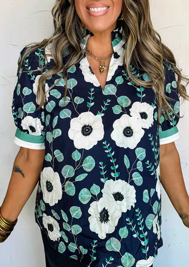 Sapree Floral Striped V Neck Short Sleeve Blue Blouse - Image 3